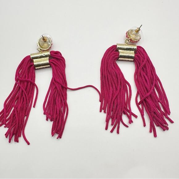 Hot Pink Fuchsia Double Tassel Earrings Drop Dangle Pierced Summer Boho Preppy - Picture 3 of 7